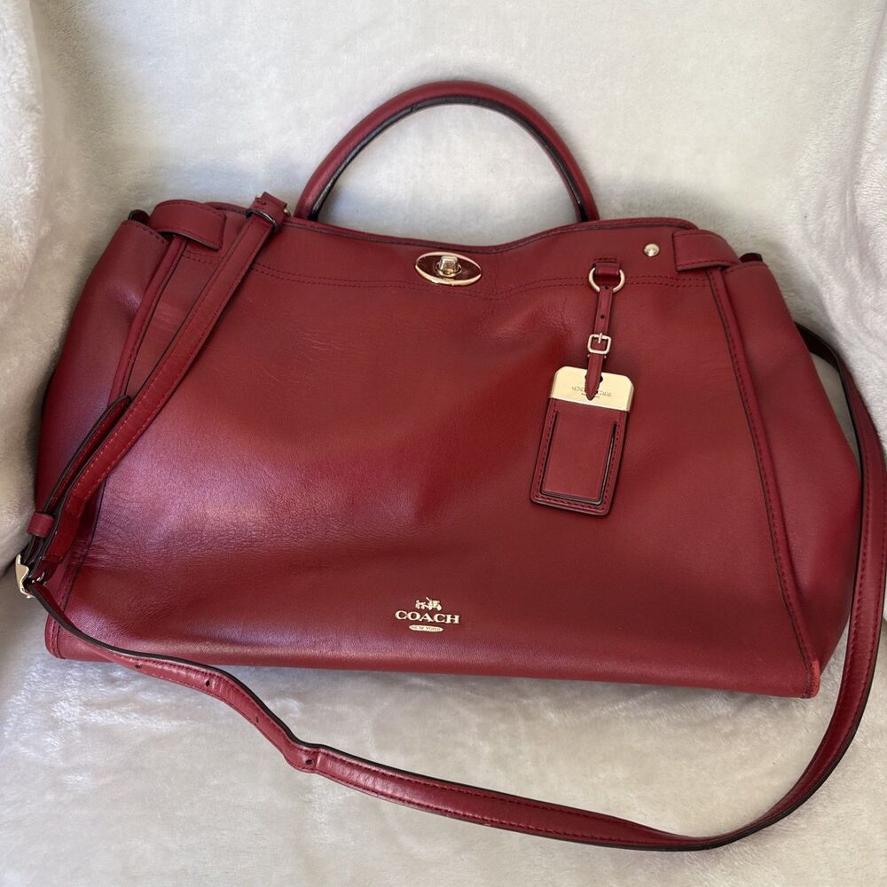 Coach Red Gramercy Leather Satchel Crossbody Purse Handbag Turnlock Detail